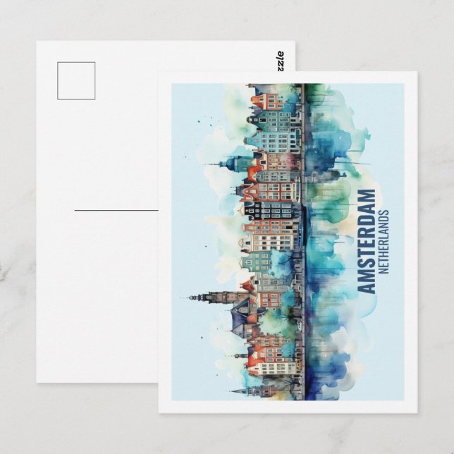 Cartão Postal Amsterdam Netherlands Famous Viagem Watercolor (Frente/Verso)