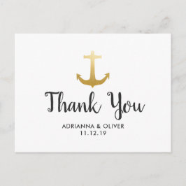 Cartão Postal Anchor Náutico Faux Gold Foil | Casamento Obrigado