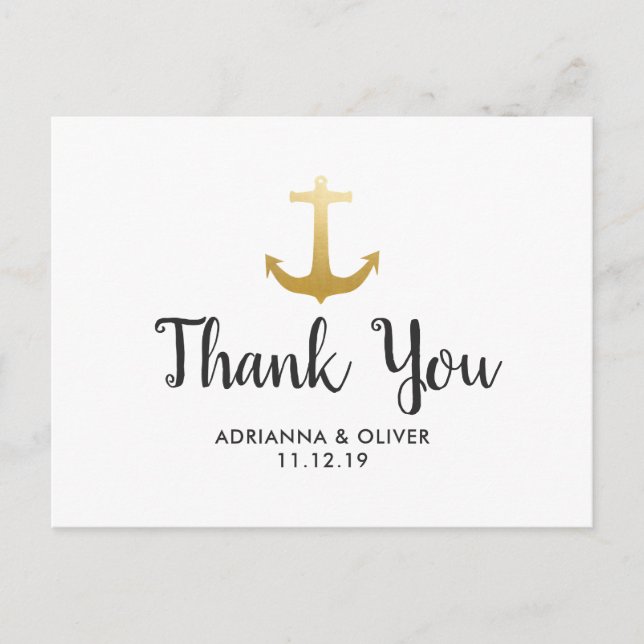 Cartão Postal Anchor Náutico Faux Gold Foil | Casamento Obrigado (Frente)
