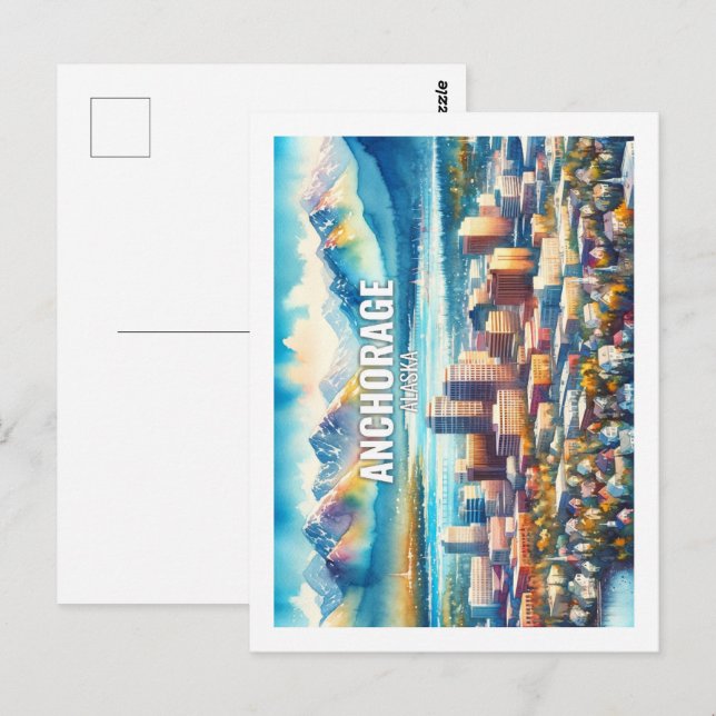 Cartão Postal Anchorage Alasca Locais de Viagem Famosos aquarela (Frente/Verso)