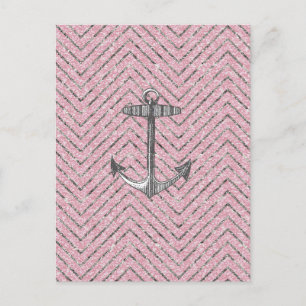 Cartão Postal Âncora do padrão Chevron Glitter Silver Rosa Girly