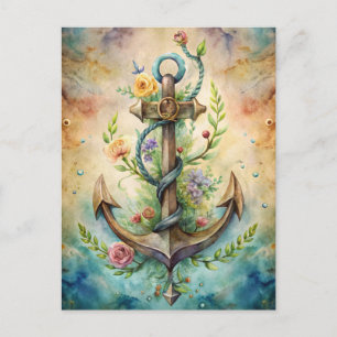 Cartão Postal Âncoras Flores Oceano Náutico Pastel Costa