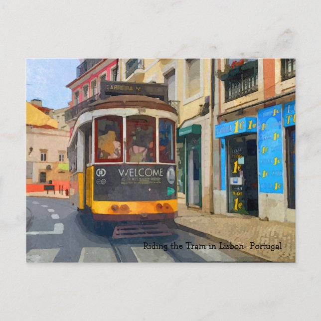 Cartão Postal Andando na elétrico em Lisboa Portugal (Frente)