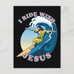 Cartão Postal Andar com Jesus Ilustração de Jesus surfando