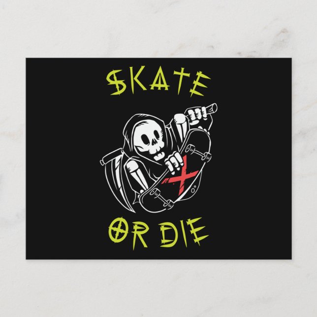 Cartão Postal Andar de skate ou morrer Ceifador Esqueleto Skateb (Frente)