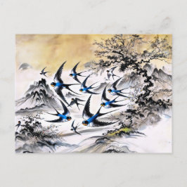 Cartão Postal Andorinhas Voando pelo Céu em Tinta Chinesa Pa