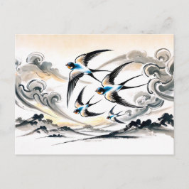 Cartão Postal Andorinhas Voando Pelo Céu em Tinta Chinesa Pa