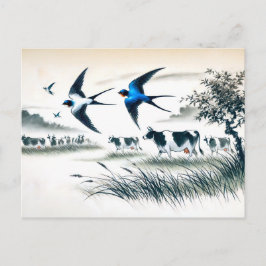 Cartão Postal Andorinhas Voando Sobre um Campo de Gado em Tinta 