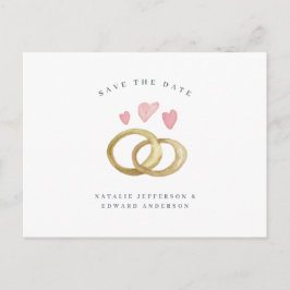 Cartão Postal anel de casamento rústico de aquarela salva a data