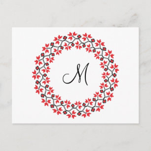Cartão Postal Anel de flor vermelha Monograma personalizado inic
