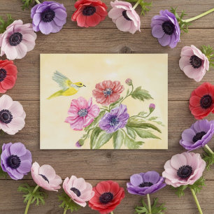 Cartão Postal Anêmonas e Tanager Amarelo Aquarela