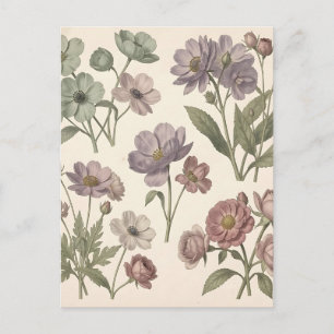 Cartão Postal Anêmonas Rosas Botânicas Pastel Vintage Suave
