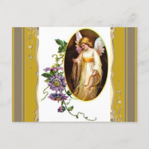 Cartão Postal Angel Com Flores Harp E Clematis
