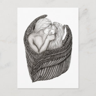 Cartão Postal Angels Kissing, Design preto e branco