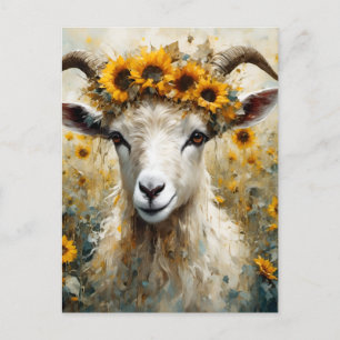 Cartão Postal Angora Goat Adorável nos Campos de Girassol