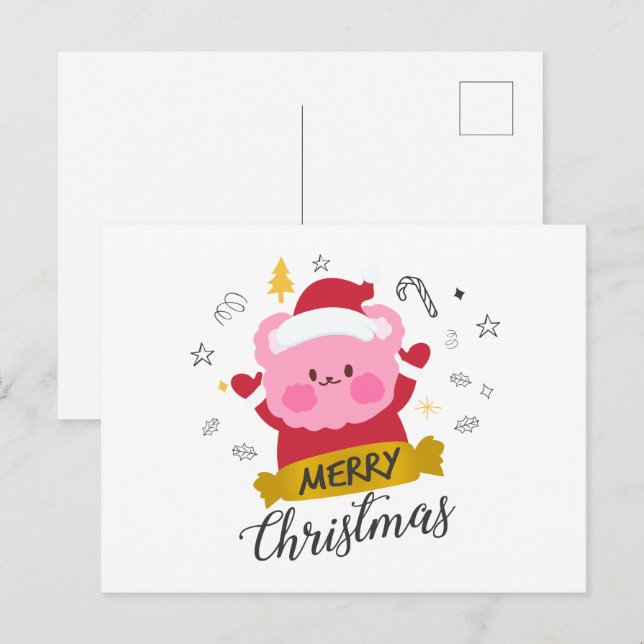 Cartão Postal animação bonitinha de urso de natal feliz (Frente/Verso)