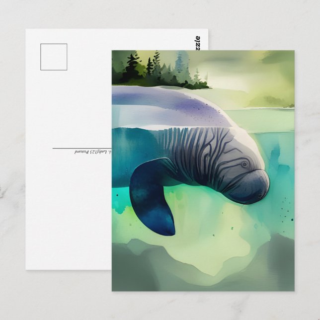 Cartão Postal Animais Aquarelas, Manateio, Pós-Travessia (Frente/Verso)