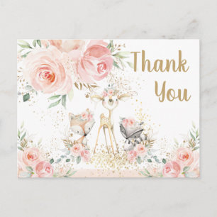 Cartão Postal Animais da Floresta Rosa Floral Bebê Agradecimento