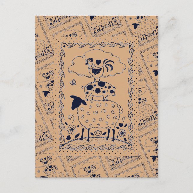 Cartão Postal ANIMAIS DE EXPLORAÇÃO DE ARTE FOLK OEEP ROOSTER Pr (Frente)