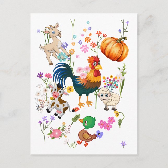 Cartão Postal Animais de exploração e flores bonito (Frente)