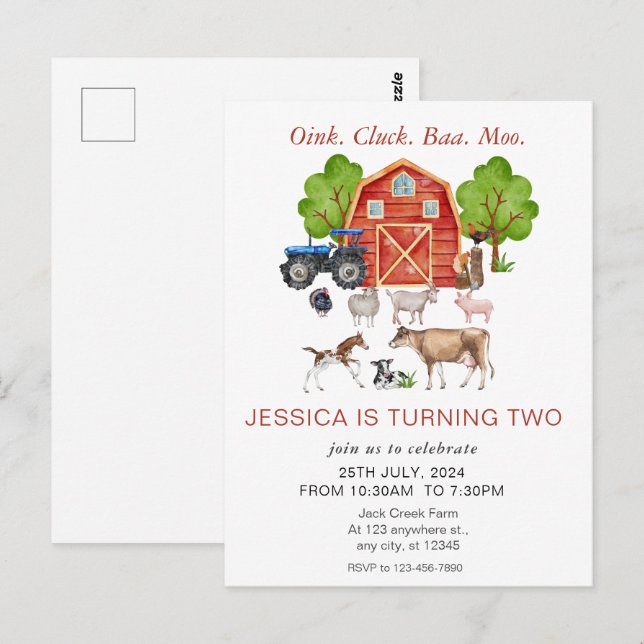 Cartão Postal Animais de Fazenda em Aquarela Fofos Aniversário I (Frente/Verso)