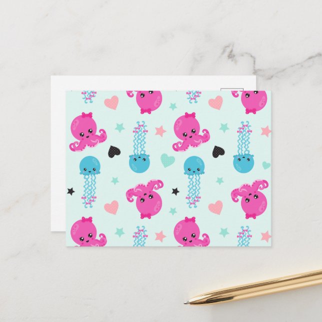 Cartão Postal Animais Marinhos, Vida Marinha, Polvo, Água-viva,  (Frente/Verso In Situ)