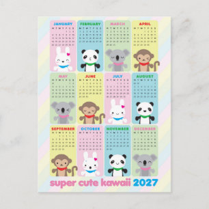 Cartão Postal Animais Super Fofos Kawaii Calendário 2027