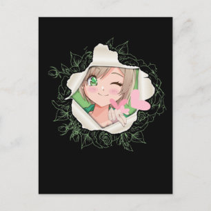 Cartão Postal Anime Bonita Garota Kawaii Corações Adoram Otaku