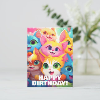 Cartão Postal Anime Divertido de Gatinhos Miando - Aniversário F