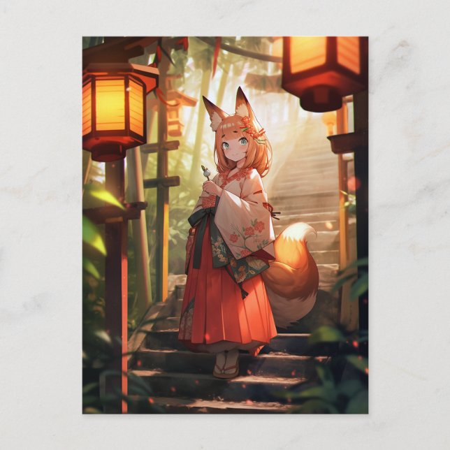 Cartão Postal Anime Kitsune Girl Cute Fox Fantasy Art (Frente)