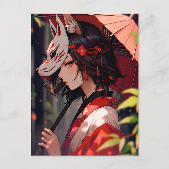 Cartão Postal Anime Kitsune Girl Cute Fox Fantasy Art (Frente)
