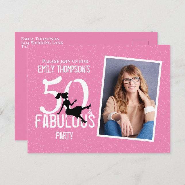 Cartão Postal Aniversário 50 e Foto Fabulosa Coquetéis Rosa (Frente/Verso)