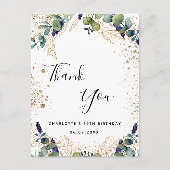 Cartão Postal Aniversário 50 eucalipto verde obrigado você (Frente)