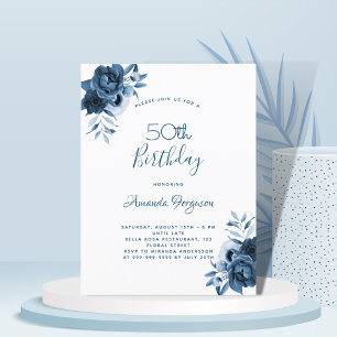 Cartão Postal Aniversário 50 florais azuis - script branco