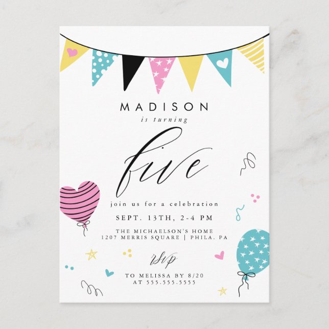 Cartão Postal ANIVERSÁRIO 5 | Festa de aniversário de porta bran (Frente)