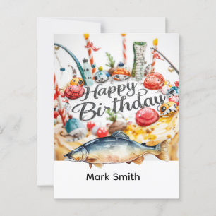 Cartão Postal Aniversário com tema de pesca fisgado na diversão