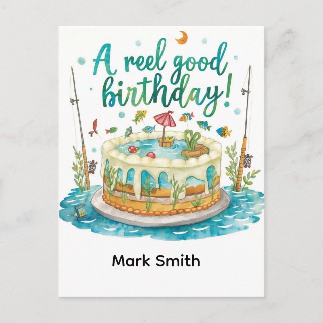 Cartão Postal Aniversário com tema de pesca viciado em diversão (Frente)