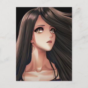 Cartão Postal Aniversário da Garota Anime Morena de Olhos Castan