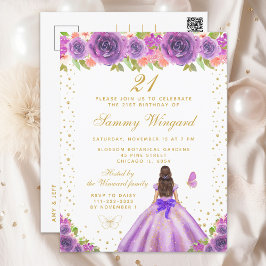 Cartão Postal Aniversário da Princesa de Cabelo Castanho com Flo