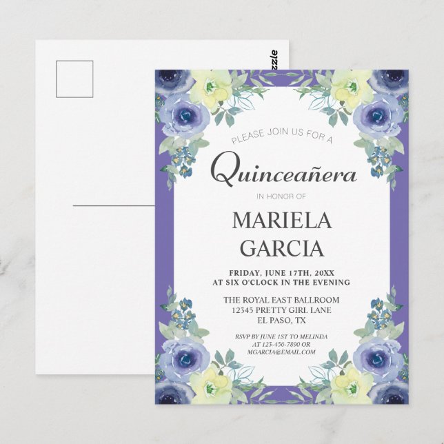 Cartão Postal Aniversário da Quinceañera Bonito Púrpura   (Frente/Verso)