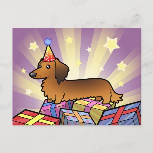 Cartão Postal Aniversário Dachshund (cabelo comprido) (Frente)
