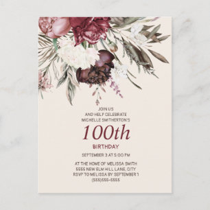 Cartão Postal Aniversário de 100 anos Burgundy Ivory Floral Crem