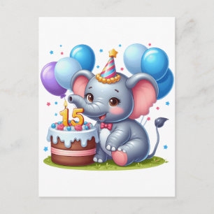 Cartão Postal Aniversário de 15 anos do Elefante Fofo