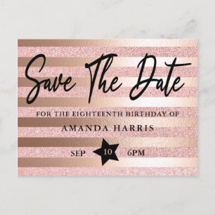 Cartão Postal Aniversário de 18 anos Rose Gold Glitter Save The 