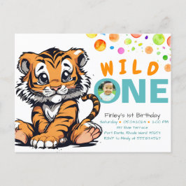 Cartão Postal Aniversário de 1 ano do Bebê Selvagem com Tigre & 