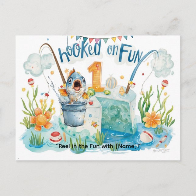 Cartão Postal Aniversário de 1 ano para Festa de Pequenos Pescad (Frente)