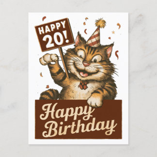 Cartão Postal aniversário de 20 anos gato fofo engraçado vintage