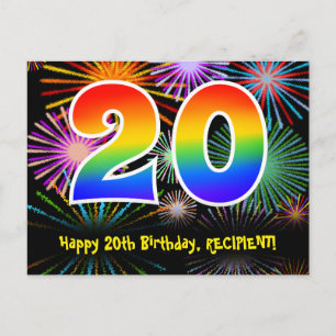 Cartão Postal Aniversário de 20 anos – Padrão Divertido de Fogos