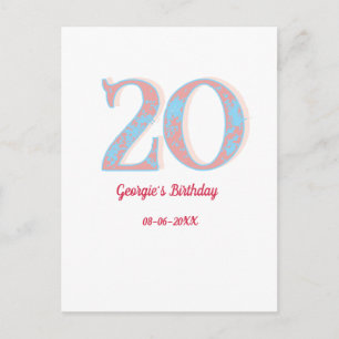CARTÃO POSTAL ANIVERSÁRIO DE 20 ANOS PÊSSEGO AZUL NEON NOME RETR