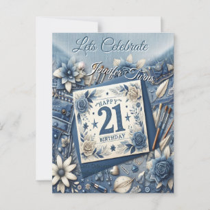 Cartão Postal aniversário de 21 anos Almond floresce creme azul